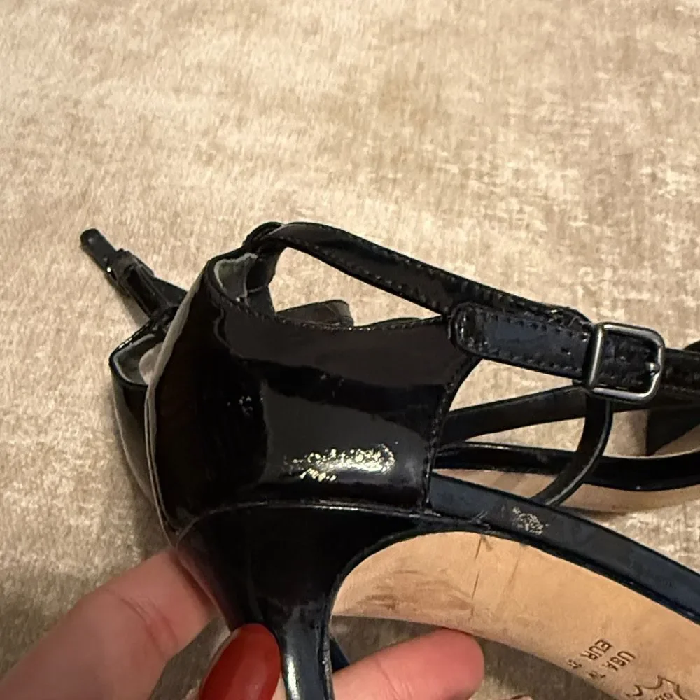 Via Spiga Black Patent Leather Ankle Strap Heels